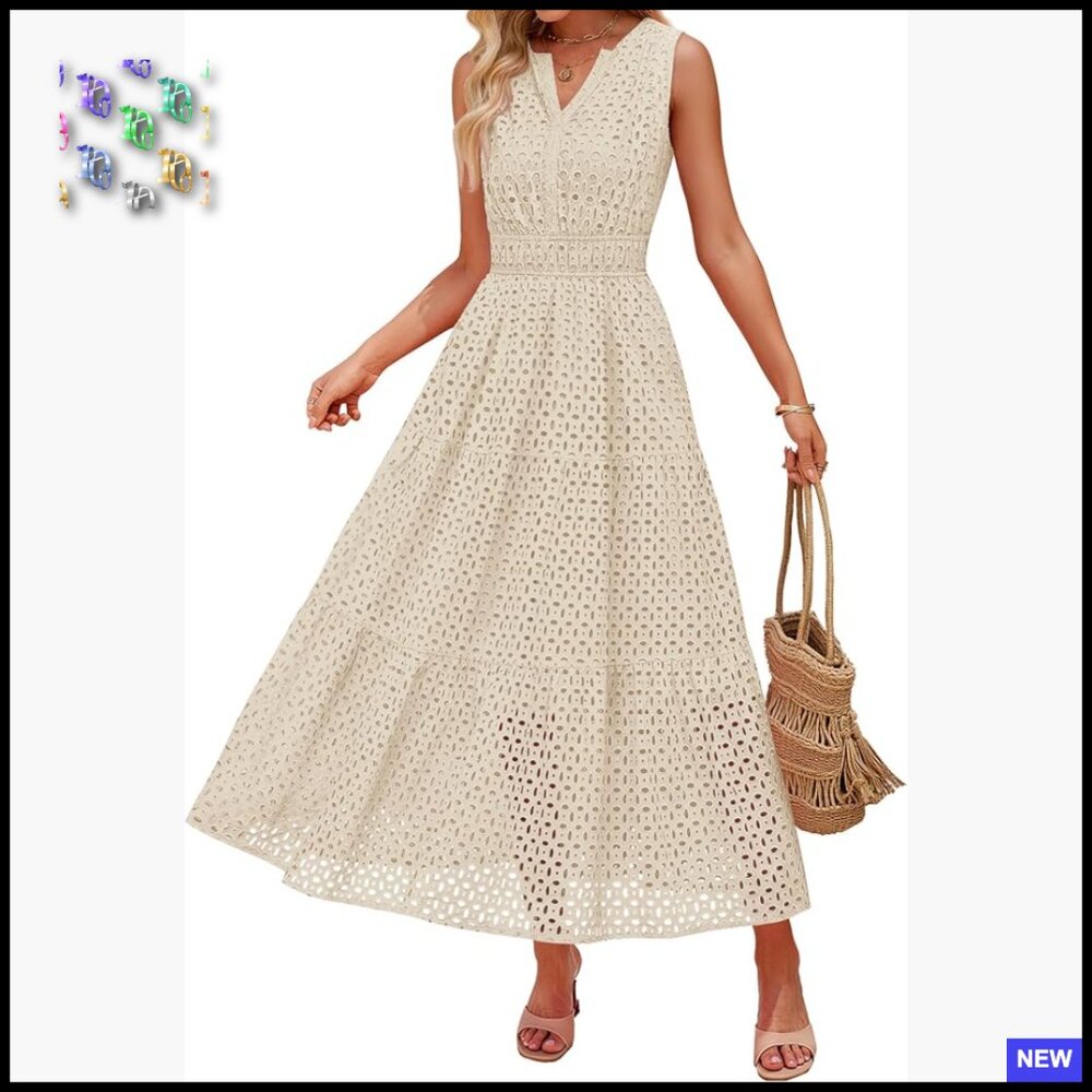 Sleeveless Maxi Dress V-Neck Eyelet Hollow Out A-Line Flowy Boho Party